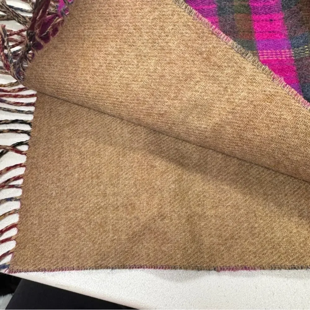 Moonbat 100% Wool Pink Brown Plaid Fringe Scarf Womens Accessories Casual